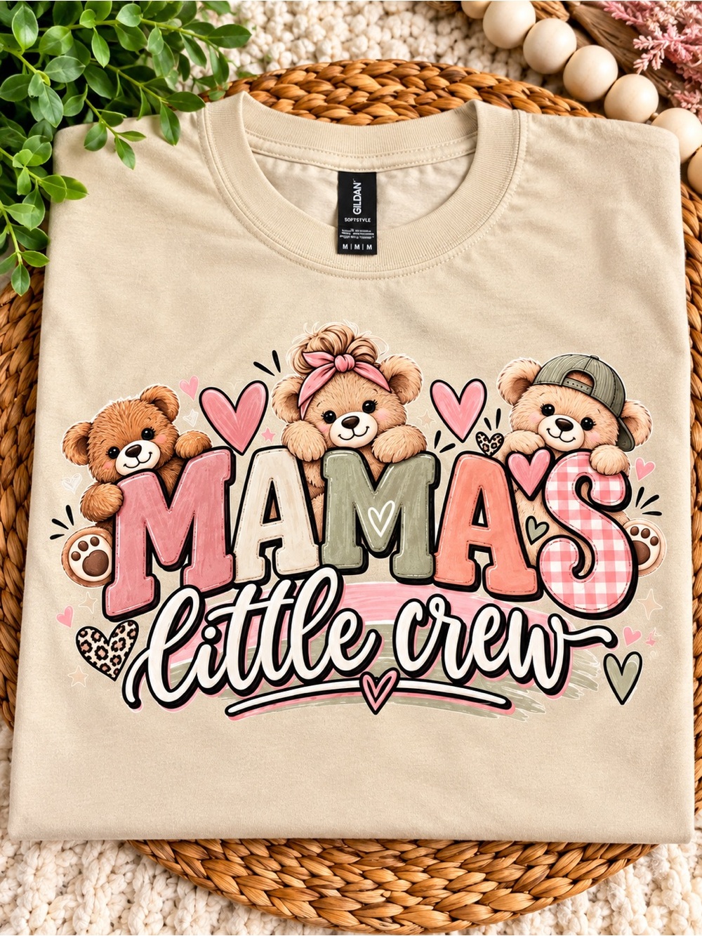 Mama's Little Crew Graphic Tee - Cream with Pink & Green Accents